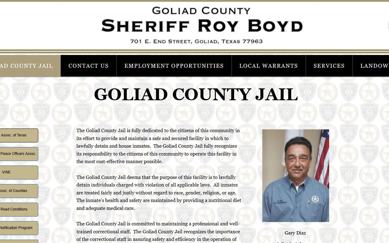 Goliad County Sheriff's Office jail page with jail administrator and work-detail information