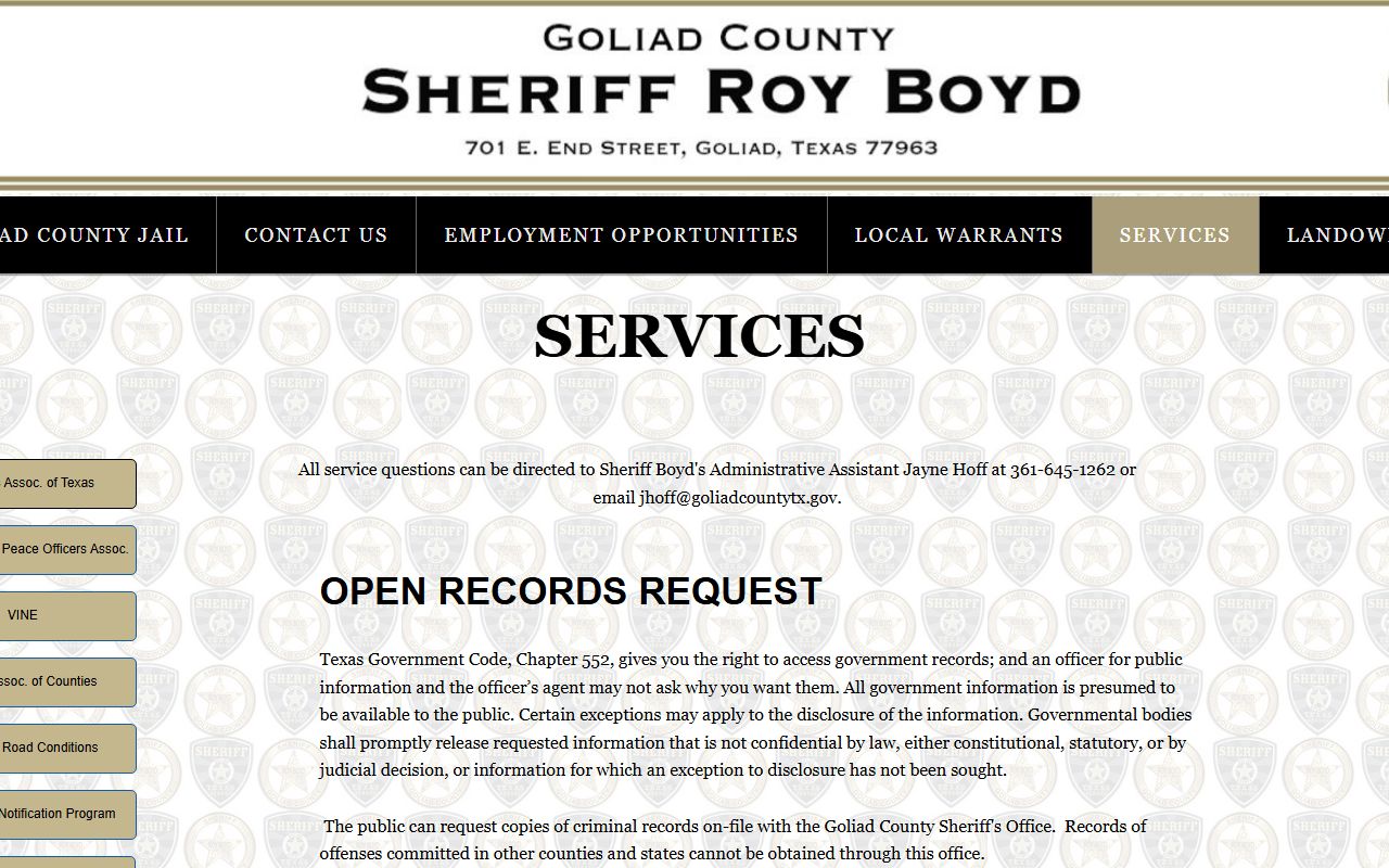 Goliad County Sheriff's Office services page with open-records request instructions