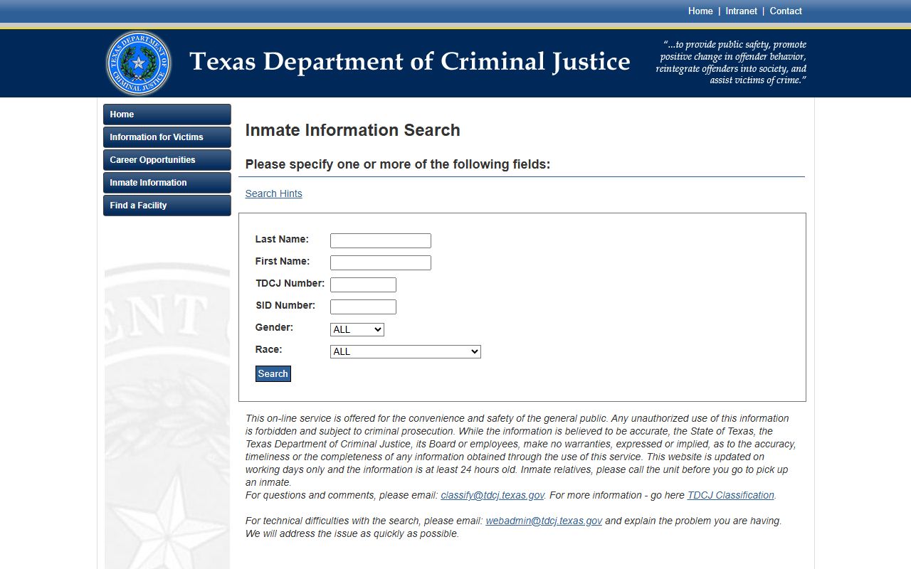 Texas Department of Criminal Justice inmate search portal